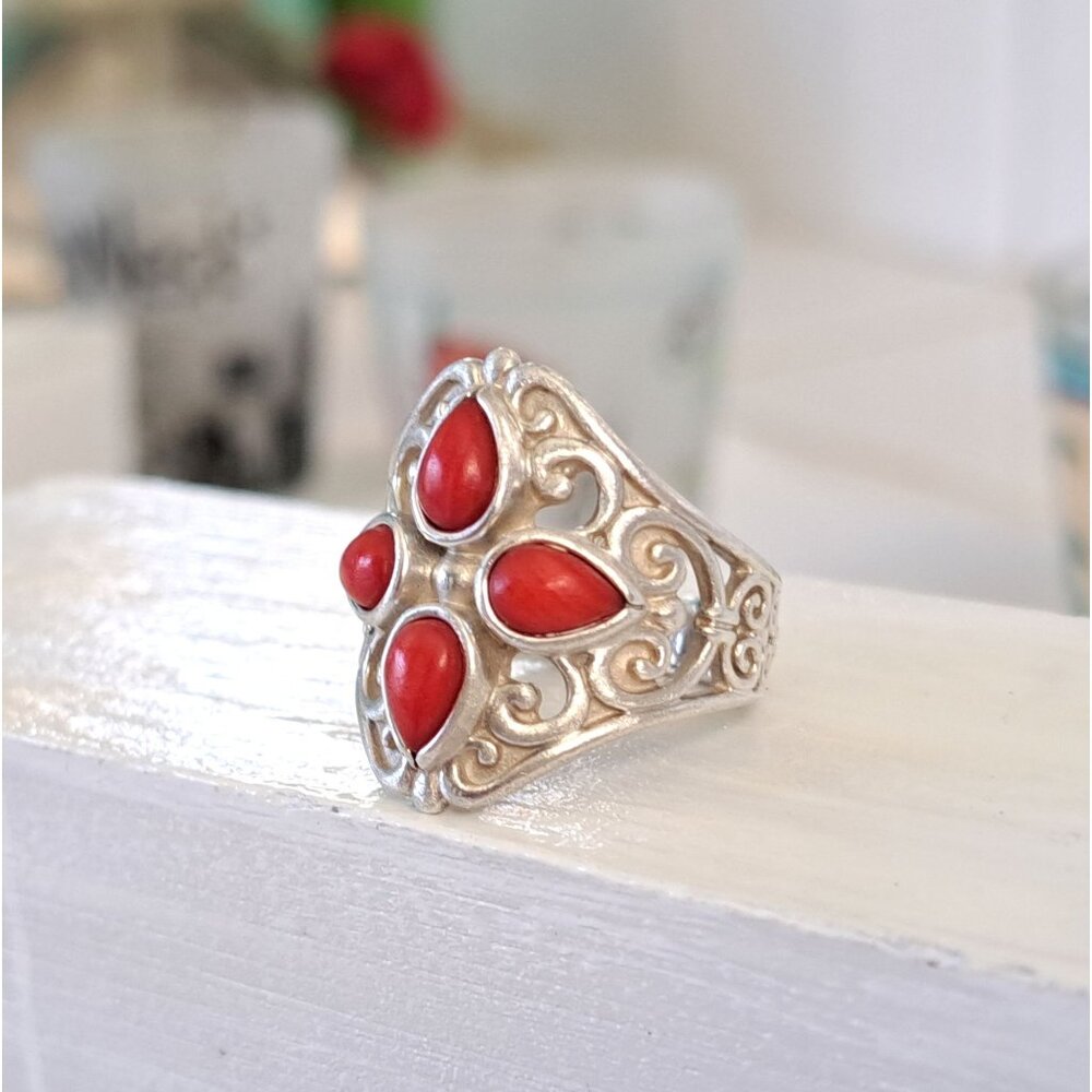Vintage Coral Cluster Southwestern Filigree Sterling Ring by Artist Carolyn Poll - Picture 6 of 15